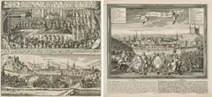 Mixed lot of 2 copper engravings: View of Preßburg and coronation of Archduke Leopold as King of Hungary - " Deutliche vorstellung mit was Herzluchtigkeit der durchlauchtigste Fürst und Herz, Herz Leopold Ignatius Erzherzog zu Österreich, es den 16. Iuny im Jahre 1655 zu Preßburg zum König in Ungarn ein... erwehlet und darnach am 27. eius mit gewohnlichen Solemnität gefrönet worden. by Matthäus D. J. Merian, 1663, copper engraving from: "Theatrum Europaeum", 7th vol., Frankfurt a. M.; framed, sold Jun 2023