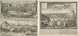 Matthäus D. J. Merian, Mixed lot of 2 copper engravings: View of Preßburg and coronation of Archduke Leopold as King of Hungary - " Deutliche vorstellung mit was Herzluchtigkeit der durchlauchtigste Fürst und Herz, Herz Leopold Ignatius Erzherzog zu Österreich, es den 16. Iuny im Jahre 1655 zu Preßburg zum König in Ungarn ein... erwehlet und darnach am 27. eius mit gewohnlichen Solemnität gefrönet worden., 1663, copper engraving from: "Theatrum Europaeum", 7th vol., Frankfurt a. M.; framed