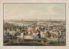 Georg Emanuel Opiz, The Imperial Royal Austrian Army Revue - Emperor Franz I with his suite at a large parade of troops in front of the lines in the area of today's main railway station; Vienna in the background, outline etching, old coloured; framed