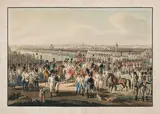 Georg Emanuel Opiz, The Imperial Royal Austrian Army Revue - Emperor Franz I with his suite at a large parade of troops in front of the lines in the area of today's main railway station; Vienna in the background, outline etching, old coloured; framed