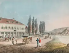 Ludwig Mohn, Baaden. Nr. 1. Das Scheiner’sche Caffe-Haus" / "Le Caffe Scheiner, outline etching, koloriert; framed
