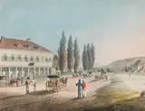 Ludwig Mohn, Baaden. Nr. 1. Das Scheiner’sche Caffe-Haus" / "Le Caffe Scheiner, outline etching, koloriert; framed