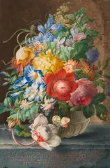 Herman Henstenburgh, Bouquet with butterflies and snail in a glass vase, 1718, gouache on parchment on paper; framed