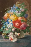 Herman Henstenburgh, Bouquet with butterflies and snail in a glass vase, 1718, gouache on parchment on paper; framed