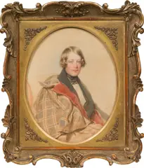Josef Kriehuber, Portrait of a Count Pálffy in a large-checked coat with red lining, 1838, watercolour on cardboard; framed