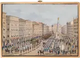 Balthasar Wigand, Imperial carriage ride on the Graben in Vienna (towards St. Stephen's Cathedral), watercolour on paper; framed