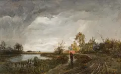 Emil Jakob Schindler, Landscape in the rain, oil on panel; framed