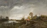 Emil Jakob Schindler, Landscape in the rain, oil on panel; framed