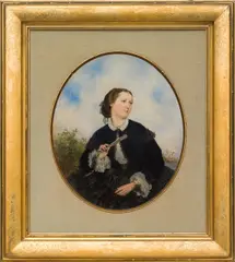 Anton Romako, Lady with fan, oil on panel; framed