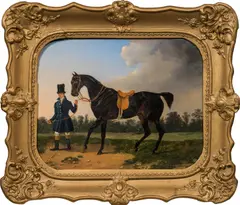 Ferdinand Rauch, Saddled black horse being paraded, 1834, oil on panel; framed