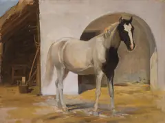 Horse in front of the stable by Sigmund L'Allemand, oil on paper; framed, sold Jun 2023
