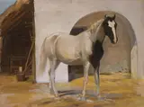 Sigmund L'Allemand, Horse in front of the stable, oil on paper; framed