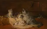 Julius Adam der Jüngere, Cat family, oil on canvas; framed