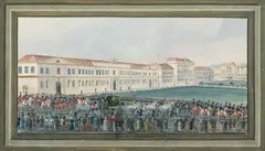 Balthasar Wigand, Imperial carriage ride with military parade in front of the Imperial and Royal Stables in Vienna, watercolour on paper; framed