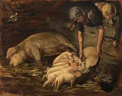 Max Liebermann, Schweinekoben, Wochenstube, 1887, Oil on cardboard, laminated ob cardbooard