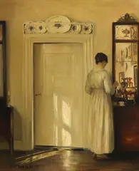 Carl (Carl Vilhelm) Holsøe, Interieur mit Frau beim Teekochen, Um 1900-1910, Oil on canvas