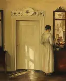 Carl (Carl Vilhelm) Holsøe, Interieur mit Frau beim Teekochen, Um 1900-1910, Oil on canvas