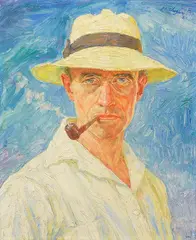 Hans Unger, Selbstbildnis mit Pfeife und Hut, 1932, Oil on cardboard