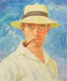 Hans Unger, Selbstbildnis mit Pfeife und Hut, 1932, Oil on cardboard