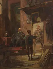 Der Maler im Atelier by Carl Spitzweg, Um 1860, Oil on cardboard, sold Jun 2024