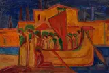 Hermann Stenner, Ankunft der Hl. Ursula, 1914, Oil on cardboard