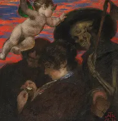 Hans Thoma, Amor vincit omnia (Liebespaar mit Amor und Tod), 1876, Oil on structured cardboard, laid on firm cardb...