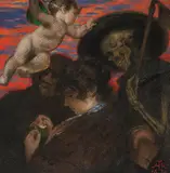 Hans Thoma, Amor vincit omnia (Liebespaar mit Amor und Tod), 1876, Oil on structured cardboard, laid on firm cardb...
