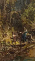 Kreuzritter mit Dame in Waldlanschaft by Carl Spitzweg, um 1875-80, Oil on cigar box wood, sold Jun 2024