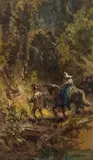 Carl Spitzweg, Kreuzritter mit Dame in Waldlanschaft, um 1875-80, Oil on cigar box wood