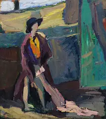 Hermann Stenner, Mädchen mit Pelz auf grünem Grund, 1910, Oil on cardboard, laid on panel