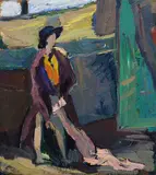 Hermann Stenner, Mädchen mit Pelz auf grünem Grund, 1910, Oil on cardboard, laid on panel