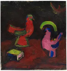 Hermann Stenner, Stillleben mit Tierfiguren und einem Buch (Hahn, Henne und Schachtel), 1913, Oil on cardboard