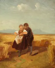 Carl Spitzweg, Bub und Mädchen im Kornfeld, Um 1840, Oil on cardboard, laid on cardboard