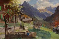 Edward Theodore Compton, Gerstruben, am Dorfbrunnen mit Blick auf die Höfats, 1907, Oil on canvas