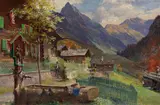 Edward Theodore Compton, Gerstruben, am Dorfbrunnen mit Blick auf die Höfats, 1907, Oil on canvas
