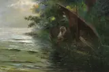 Hans Thoma, Auf der Jagd (Geistlicher im Ruderboot, am Seeufer Enten auflauernd), Um 1873, Oil on canvas