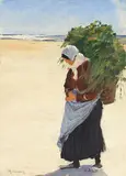 Max Clarenbach, Seetang-Sammlerin an der Küste, Um 1895-1900, Oil on fibreboard