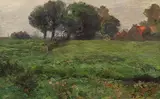 Weiden im Moos (Landschaft mit Häusern) by Heinrich von Zügel, Um 1895, Oil on cardboard, sold Jun 2024