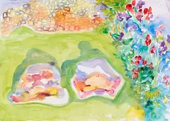 Maria Lassnig, Paar im Hausgarten, 1980, Watercolor on wove paper