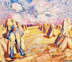 Peter August Böckstiegel, Erntefeld (verso: Weiden am Bach), Um 1912, Oil on canvas