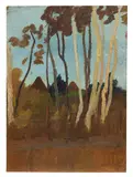 Paula Modersohn-Becker, Landschaft mit Birken, im Hintergrund zwei Hausgiebel, Um 1900, Oil on paper, on cardboard