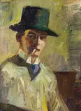 Hermann Stenner, Selbstbildnis mit hohem Hut und Zigarette, 1910, Oil on cardboard