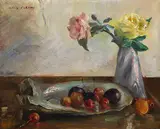 Lovis Corinth, Stillleben mit Blumen in Vase, Muschel und Obst