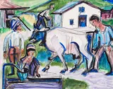 Ernst Ludwig Kirchner, Bauern mit Kuh, Um 1922, Watercolor, ink brush and black chalks