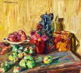 Peter August Böckstiegel, Stillleben mit Krügen (verso: Bildnis der Mutter), 1913, Oil on canvas