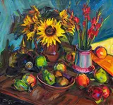Peter August Böckstiegel, Blumenstilleben mit Sonnenblumen, Gladiolen und Pickelhelm, 1915, Oil on canvas