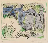Otto Mueller, Zwei Knaben im Wasser und ein Mädchen am Ufer, 1918, Lithograph, with watercolors