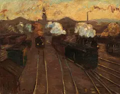 Hermann Pleuer, Vor den Einfahrtshallen des Alten Stuttgarter Bahnhofs, 1909, Oil on canvas