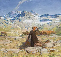 Erich Erler, Landschaft mit junger Bäuerin, Um 1900, Oil on canvas