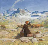 Erich Erler, Landschaft mit junger Bäuerin, Um 1900, Oil on canvas